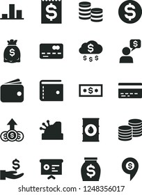 Solid Black Vector Icon Set - bank card vector, purse, coins, oil, front of the, chart, dollar, financial item, get a wage, wallet, money, dollars, cashbox, report, rain, growth, dialog, pin