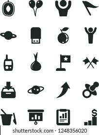 Solid Black Vector Icon Set - wind direction indicator vector, dummy, toy mobile phone, children's sand set, colored air balloons, put in a box, planet, blueberry, delicious plum, onion, usb flash