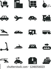 Solid Black Vector Icon Set - cargo trolley vector, motor vehicle, child Kick scooter, core, cardboard box, modern gas station, production conveyor, electric car, transport, private plane, limousine