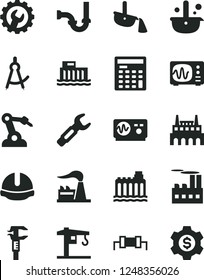 Solid Black Vector Icon Set - crane vector, sewerage, construction helmet, gear, factory, hydroelectric station, hydroelectricity, industrial building, robot welder, steel repair key, caliper