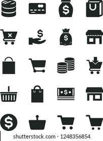 Solid Black Vector Icon Set - paper bag vector, grocery basket, put in cart, crossed, with handles, coins, kiosk, stall, shopping, front of the bank card, column, dollar, get a wage, money, dollars