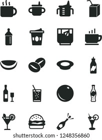 Solid Black Vector Icon Set - mug for feeding vector, measuring cup, bottle, packing of juice with a straw, coffee, burger, plate milk, beans, tea, coffe to go, glass soda, cocktail, orange, liquor