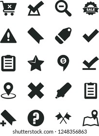 Solid Black Vector Icon Set - warning vector, add bookmark, zoom out, check mark, cross, question, star, crossed cart, label, geolocation, text highlighter, sale, clipboard, flags, vote, confirm
