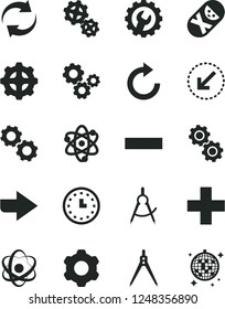 Solid Black Vector Icon Set - right direction vector, renewal, plus, minus, clockwise, tumbler, cogwheel, gear, left bottom arrow, gears, scribed compasses, wall watch, atom, drawing compass