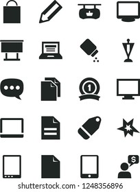 Solid Black Vector Icon Set - laptop vector, monitor, paper bag, clean sheet of, scribbled, baby powder, label, antique advertising signboard, billboard, pencil, speech, tablet pc, notebook, bang