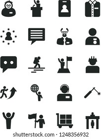 Solid Black Vector Icon Set - image of thought vector, cargo trolley, operator, folded shirt, builder, welding, think, scientist, man arrow up, hold world, hands, with medal, flag, speaker