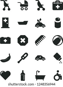 Solid Black Vector Icon Set - mark of injury vector, first aid kit, measuring bottle for feeding, powder, baby, carriage, summer stroller, sitting, electronic thermometer e, bath ball, comb, heart