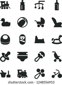 Solid Black Vector Icon Set - toys over the cradle vector, dummy, feeding bottle, measuring for, diaper, baby bib, beanbag, rattle, car child seat, stroller, summer, rubber duck, bath ball, train