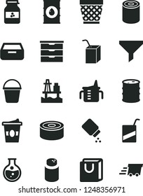 Solid Black Vector Icon Set - wicker pot vector, storage unit, measuring cup for feeding, powder, baby, e, packing of juice with a straw, bucket, drawer, bag handles, canned goods, tin, coffe to go