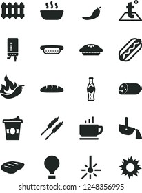 Solid Black Vector Icon Set - temperature vector, new radiator, electronic boiler, coffee, sausage, loaf, Hot Dog, mini, pie, porridge, chop, barbecue, coffe to go, bottle of soda, red pepper, sun