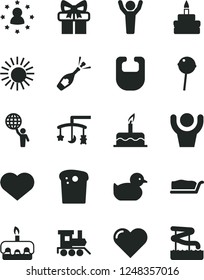 Solid Black Vector Icon Set - heart symbol vector, toys over the cradle, bib, baby duckling, toy train, cake, Easter, slice, torte, birthday, Chupa Chups, gift, man hold world, hands up, champagne
