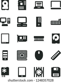Solid Black Vector Icon Set - laptop vector, processor, computer, tablet pc, notebook, radiator fan, mouse, keyboard, power supply, tower, motherboard, memory, card, hdd, floppy