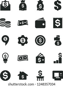 Solid Black Vector Icon Set - dollar vector, coins, financial item, wallet, dollars, money bag hand, coin, mortgage, pedestal, column, gear, idea, mail, pin, atm
