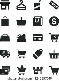 Solid Black Vector Icon Set - paper bag vector, grocery basket, e, cart, put in, crossed, with handles, cards, kiosk, hanger, label, shopping, reverse side of a bank card, dollar, hand, cashbox