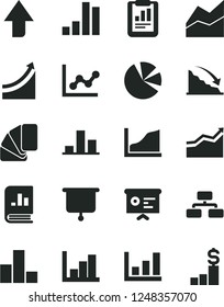 Solid Black Vector Icon Set - upward direction vector, bar chart, line, graph, negative histogram, sample of colour, flowchart, recession, statistical report, pie charts, book on statistics, growth