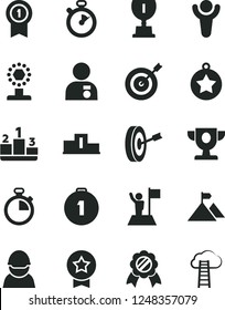 Solid Black Vector Icon Set - stopwatch vector, pedestal, racer, winner, prize, award, cup, man with medal, star, flag, mountain, target, purpose, first place, pennant, cloud ladder