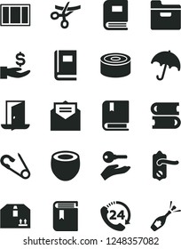 Solid Black Vector Icon Set - book vector, open pin, e, books, window frame, door knob, received letter, umbrella, folder, cardboard box, 24, canned goods, half of coconut, get a wage, arm with key