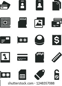 Solid Black Vector Icon Set - bank card vector, clean paper, baby bib, picture, pass, cards, label, processor, SIM, financial item, memory, gpu, sd, identity, credit, photo, access, do not distrub