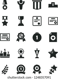 Solid Black Vector Icon Set - star vector, pedestal, medal, patente, winner, laurel branch, cup, gold, pennant, first place, ribbon, hero, certificate, flag, three stars