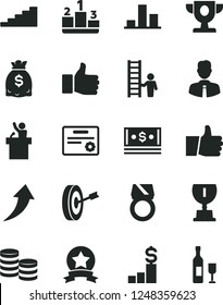 Solid Black Vector Icon Set - employee vector, thumb up, pedestal, coins, chart, dollars, cash, finger, prize, award, stairway, purpose, star ribbon, certificate, man with ladder, gold ring, arrow