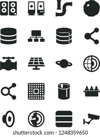 Solid Black Vector Icon Set - loudspeaker vector, big data, planet, cabbage, solar panel, valve, water pipes, processor, court hearing, connection, connections, scheme, pc speaker, earth core