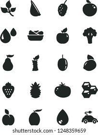 Solid Black Vector Icon Set - drop vector, lettuce in a plate, tomato, garlic, strawberry, apple, honeycombs, apricot, tasty mulberry, loquat, passion fruit, yellow lemon, delicious, ripe pineapple