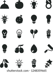 Solid Black Vector Icon Set - matte light bulb vector, colored air balloons, new roller, saving, drop, pomegranate, cornels, tasty, energy, flag on moon, gold ring, crown with cross, three stars