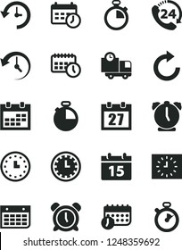 Solid Black Vector Icon Set - daily calendar vector, stopwatch, clock face, alarm, clockwise, timer, delivery, 24, wall, watch, black, agenda, schedule, history