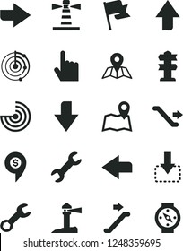 Solid Black Vector Icon Set - upward direction vector, downward, right, left, index finger, map, flag, move down, lighthouse, coastal, repair, radar, dollar pin, escalator, signpost, compass