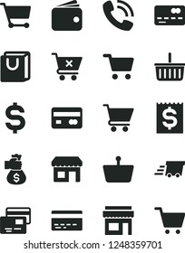 Solid Black Vector Icon Set - grocery basket vector, bank card, cart, crossed, bag with handles, cards, kiosk, shopping, reverse side of a, front the, denomination dollar, financial item, wallet