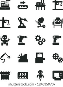 Solid Black Vector Icon Set - crane vector, gears, concrete mixer, cordless drill, industrial enterprise, conveyor, production, cloth industry, tower, gas welding, robot welder, cash machine, atm
