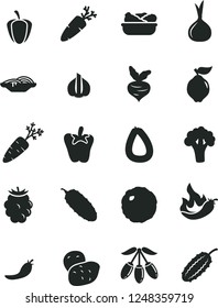 Solid Black Vector Icon Set - stick of sausage vector, slices onion, lettuce in a plate, cabbage, cucumber, peper, carrot, quince, blackberry, goji berry, ripe pepper, red, hot, garlic, potato, beet