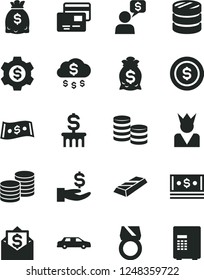 Solid Black Vector Icon Set - cards vector, coins, column of, get a wage, dollars, cash, dollar, gold ring, bar, money rain, coin, bag, gear, king, limousine, mail, dialog, safe