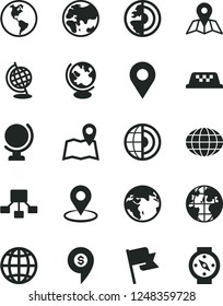 Solid Black Vector Icon Set - map vector, globe, earth, flag, planet, location, geolocation, hierarchical scheme, core, dollar pin, taxi, compass