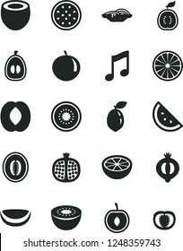 Solid Black Vector Icon Set - music vector, slices of onion, orange slice, half pomegranate, medlar, peach, melon, tangerine, loquat, cherry, kiwi, passion fruit, sour lime, guawa, piece coconut
