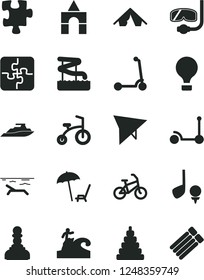 Solid Black Vector Icon Set - stacking toy vector, box of bricks, child bicycle, Kick scooter, Puzzle, Puzzles, pawn, air balloon, hang glider, bike, tent, beach, arnchair under umbrella, aquapark