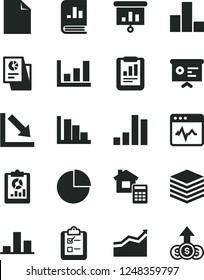 Solid Black Vector Icon Set - clean sheet of paper vector, pie chart, bar, negative, positive histogram, estimate, cardiogram, pile, survey, statistical report, overview, book on statistics, arrow