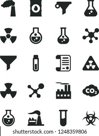 Solid Black Vector Icon Set - round flask vector, manufacture, factory, oil, industrial building, radiation, carbon dyoxide, filter, water, research article, test tube, molecule, nuclear, biohazard