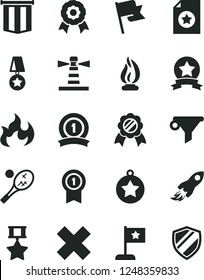 Solid Black Vector Icon Set - cross vector, flag, lighthouse, water filter, space rocket, flame, medal, star, with pennant, ribbon, hero, certificate, tennis, shield