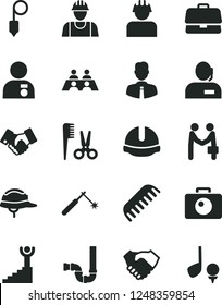 Solid Black Vector Icon Set - accessories for a hairstyle vector, comb, builder, siphon, construction helmet, plummet, employee, camera, welding, briefcase, hand shake, handclasp, dispatcher, golf