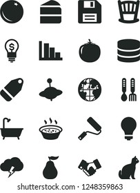 Solid Black Vector Icon Set - matte light bulb vector, floppy disk, positive histogram, cradle, iron fork spoons, yule, new roller, bath, storm cloud, label, piece of cake, porridge in a saucepan