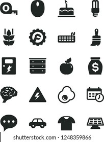 Solid Black Vector Icon Set - danger of electricity vector, chest drawers, motor vehicle, measuring tape, wooden paint brush, star gear, dangers, speech, T shirt, cake, fried egg, mint, apricot