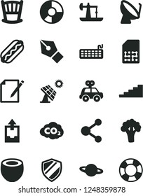 Solid Black Vector Icon Set - upload archive data vector, cradle, motor vehicle present, notes, planet, Hot Dog, half of coconut, broccoli, big solar panel, oil derrick, carbon dyoxide, SIM, ink pen