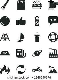 Solid Black Vector Icon Set - renewal vector, camera roll, arm saw, ladder, burger, orange, industrial building, morning paper, think, sd card, flame, saturn, finger up, taxi, motorcycle, lifebuoy