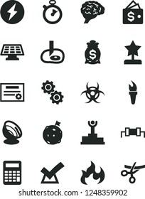 Solid Black Vector Icon Set - brain vector, gears, biohazard, flame, calculator, artifical insimination, sun panel, satellite antenna, stopwatch, patente, resistor, torch, electricity, winner podium