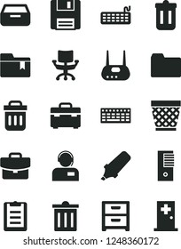 Solid Black Vector Icon Set - wicker pot vector, bin, folder, bookmark, suitcase, nightstand, drawer, operator, text highlighter, keyboard, pc tower, router, trash, floppy, chair, clipboard