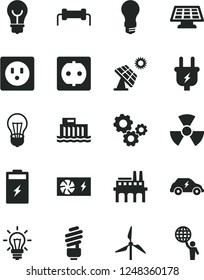 Solid Black Vector Icon Set - saving light bulb vector, charging battery, big solar panel, windmill, hydroelectric station, plug, power socket, industrial enterprise, electric transport, gears, sun