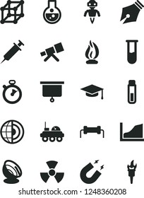 Solid Black Vector Icon Set - flask vector, test tube, telescope, nuclear, magnet, flame, graduate hat, growth graph, earth core, robot, satellite antenna, lunar rover, syringe, presentation board