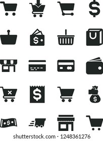 Solid Black Vector Icon Set - grocery basket vector, bank card, cart, put in, crossed, bag with handles, kiosk, shopping, reverse side of a, denomination the dollar, financial item, wallet, store