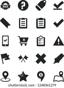 Solid Black Vector Icon Set - warning vector, bookmark, check mark, cross, question, star, flag, crossed cart, survey, label, geolocation, text highlighter, sale, clipboard, flags, vote, dollar pin